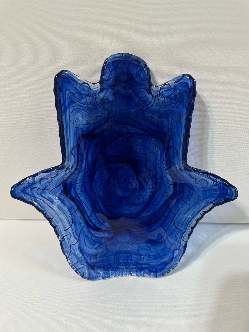 Indigo Blue Turkish Alabaster Hamsa Hand-Shaped Art Glass Bowl